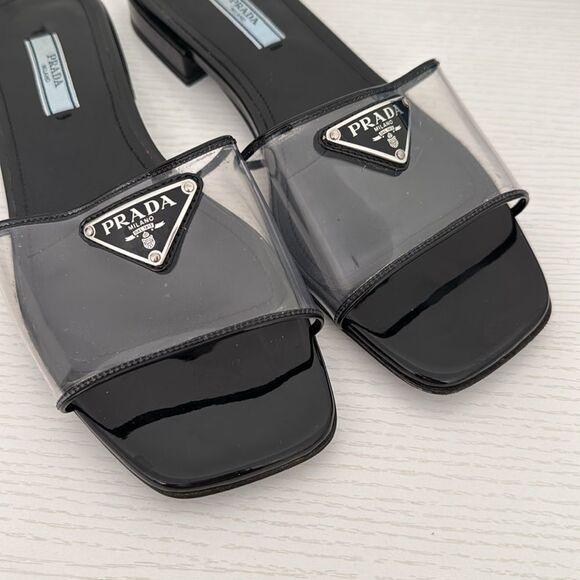Prada Black & Clear PVC Flat Logo Sandals Size EU 37.5 US 7.5 Authentic Shoes - Picture 3 of 6
